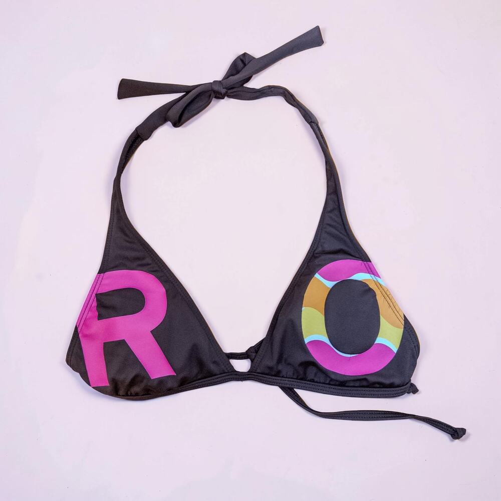 Y2K Roxy Brown Graphic Triangle Bikini Top Halter Medium Surf